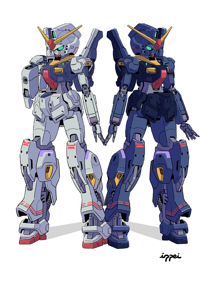 commentary_request, full_body, green_eyes, gundam, gundam_mk_ii, gyoubu_ippei, mecha, mobile_suit