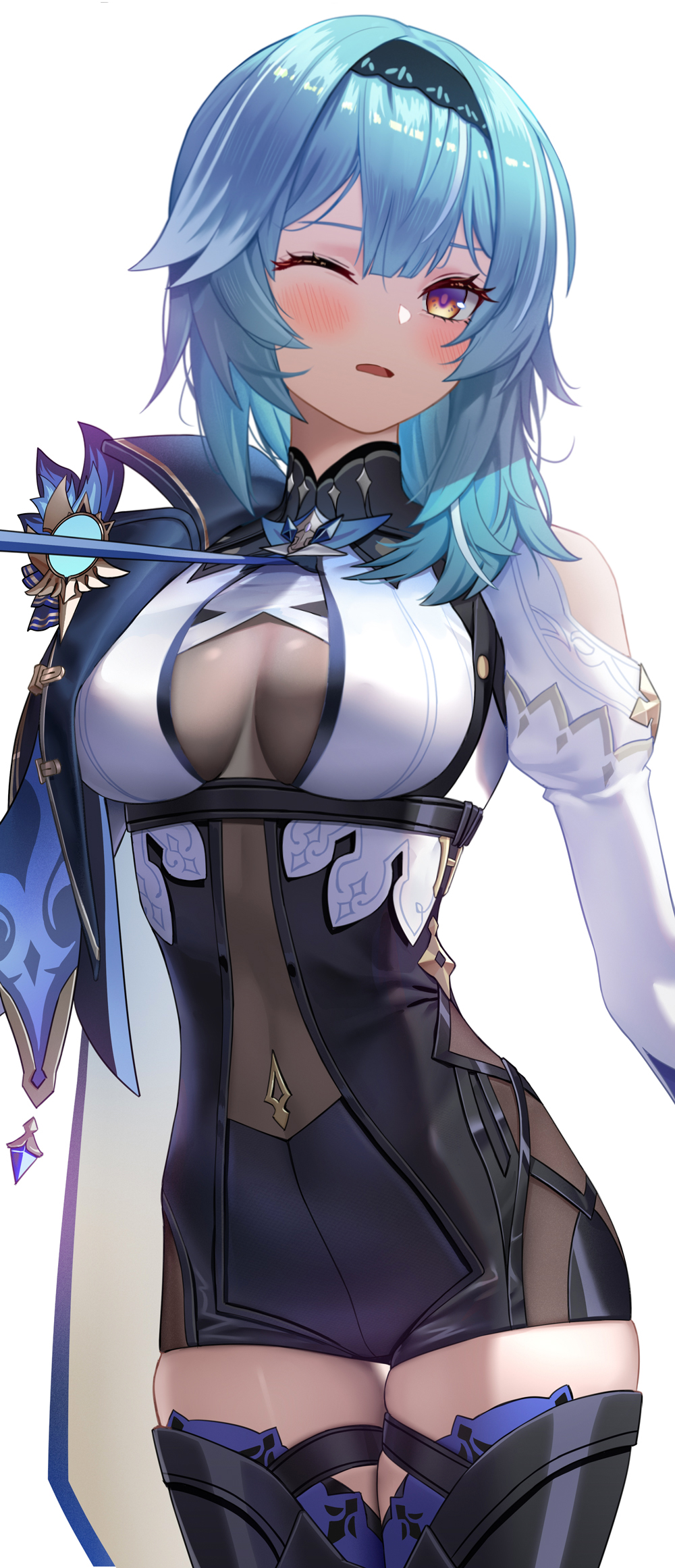 1girl, black_legwear, blue_hair, breasts, cape, clothing_cutout, covered_navel, cowboy_shot