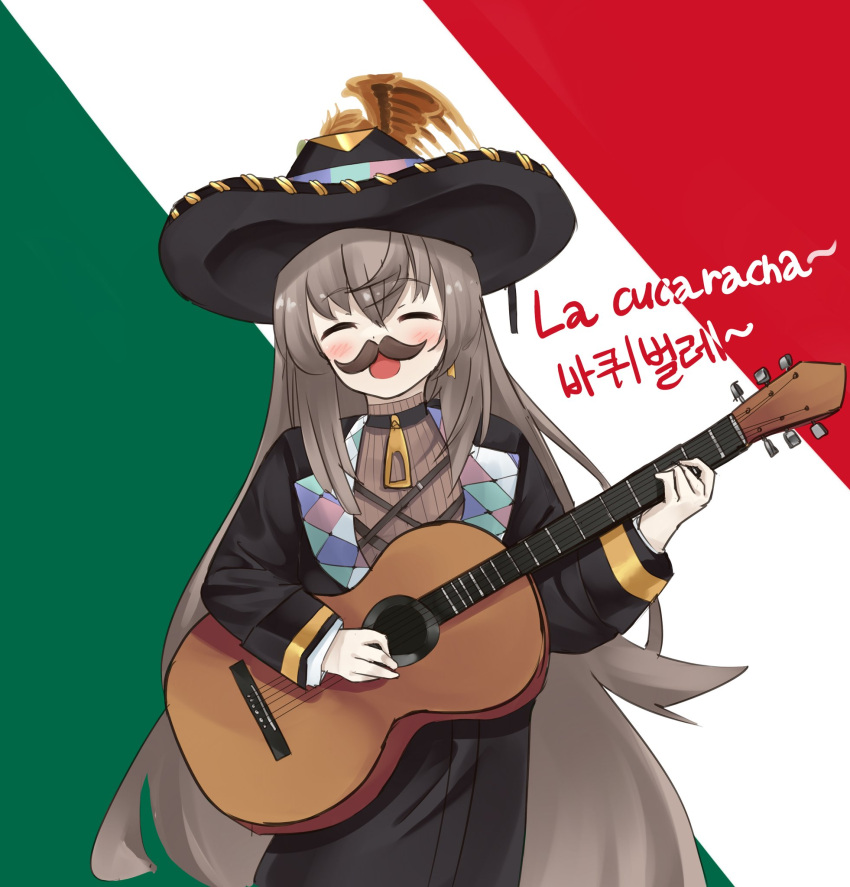 breasts, closed_eyes, fx-05_(girls_frontline), girls_frontline, guitar, hat, highres, instrument, long_hair, mexican, mexican_dress, mexico, solo, sombrero