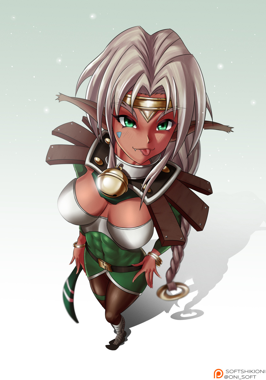 1girl, abs, absurdres, aisha_clanclan, animal_ears, bell, black_legwear, braid, breasts, cat_ears, circlet, dark_skin, dark-skinned_female, fang, fang_out, from_above, green_eyes, highres, huge_filesize, long_braid, long_hair, medium_breasts, muscular, muscular_female, neck_bell, outlaw_star, pantyhose, single_braid, softshikioni, solo, standing, tongue, tongue_out, very_long_hair