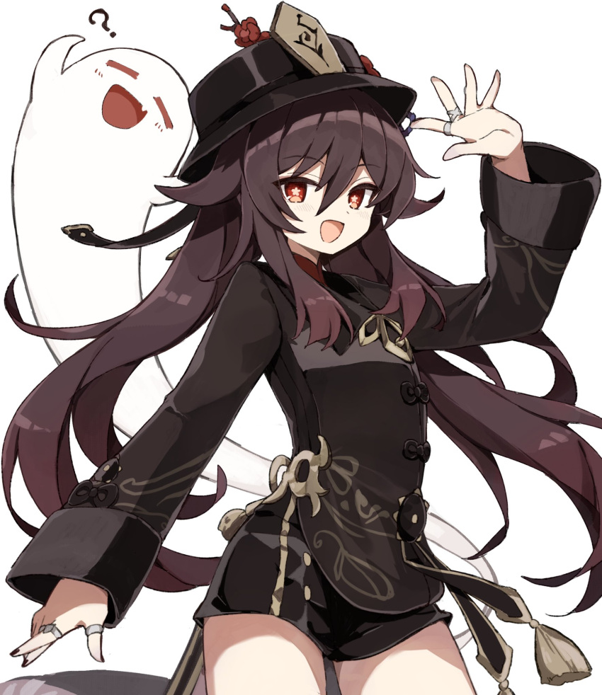 1girl, :d, ?, arm_up, black_headwear, black_shirt, black_shorts, brown_hair, cowboy_shot, flat_chest, flower, freenote_mr, genshin_impact, ghost, hat, hat_flower, highres, hu_tao, jewelry, long_hair, long_sleeves, looking_at_viewer, multiple_rings, nail_polish, open_mouth, red_eyes, ring, shirt, short_shorts, shorts, simple_background, smile, solo, star-shaped_pupils, star_(symbol), symbol-shaped_pupils, tailcoat, thighs, twintails, white_background