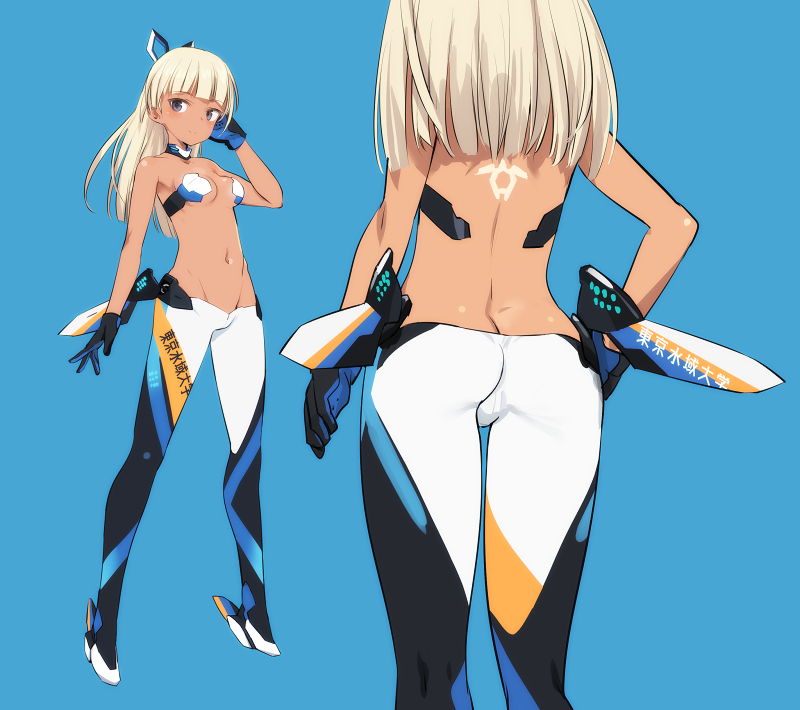 1girl, alice_gear_aegis, araime_yasuri, ass, back_tattoo, bangs, blue_background, blunt_bangs
