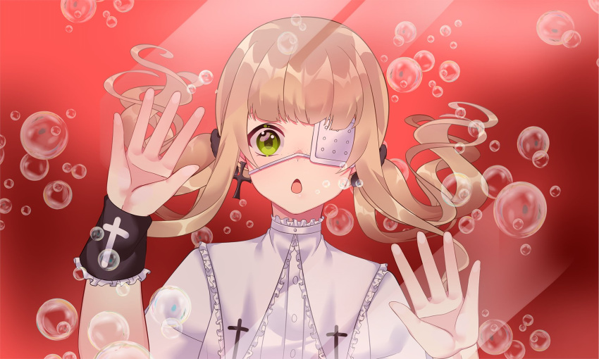 1girl, :o, bangs, blonde_hair, bubble, collared_shirt, eyelashes, eyepatch