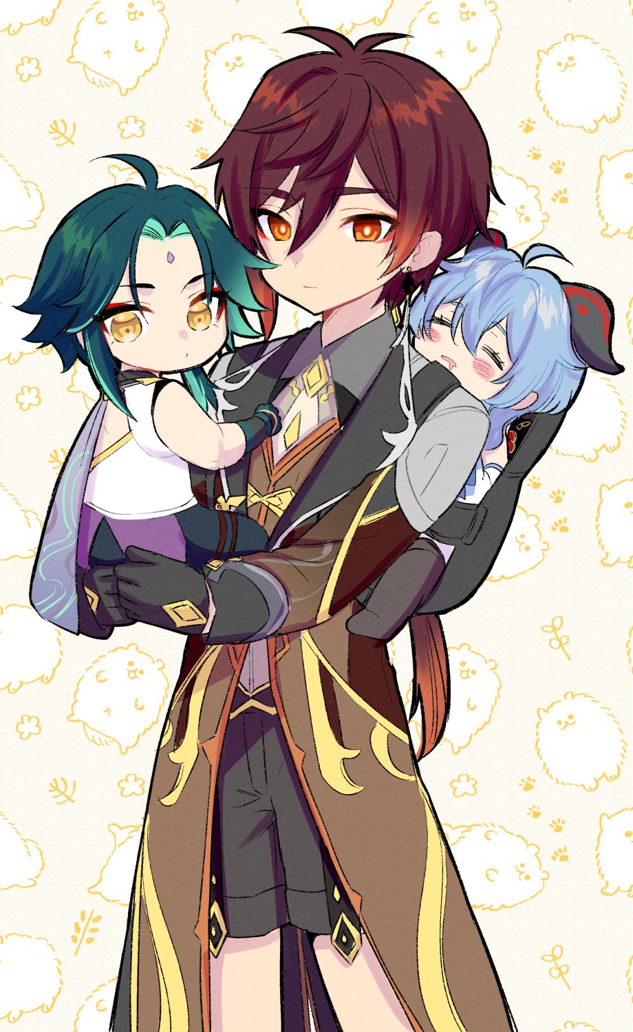 1girl, 2boys, ahoge, antenna_hair, aqua_hair, baby, bangs, black_gloves