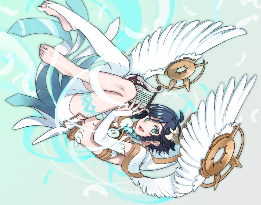 1boy, alternate_costume, androgynous, bangs, barefoot, black_hair, blue_hair, braid