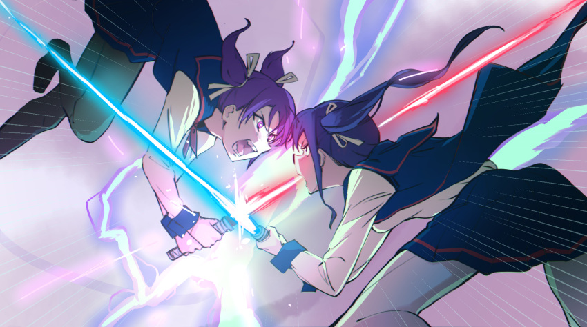 2girls, angry, battle, birthday, breasts, commentary_request, crossover, duel