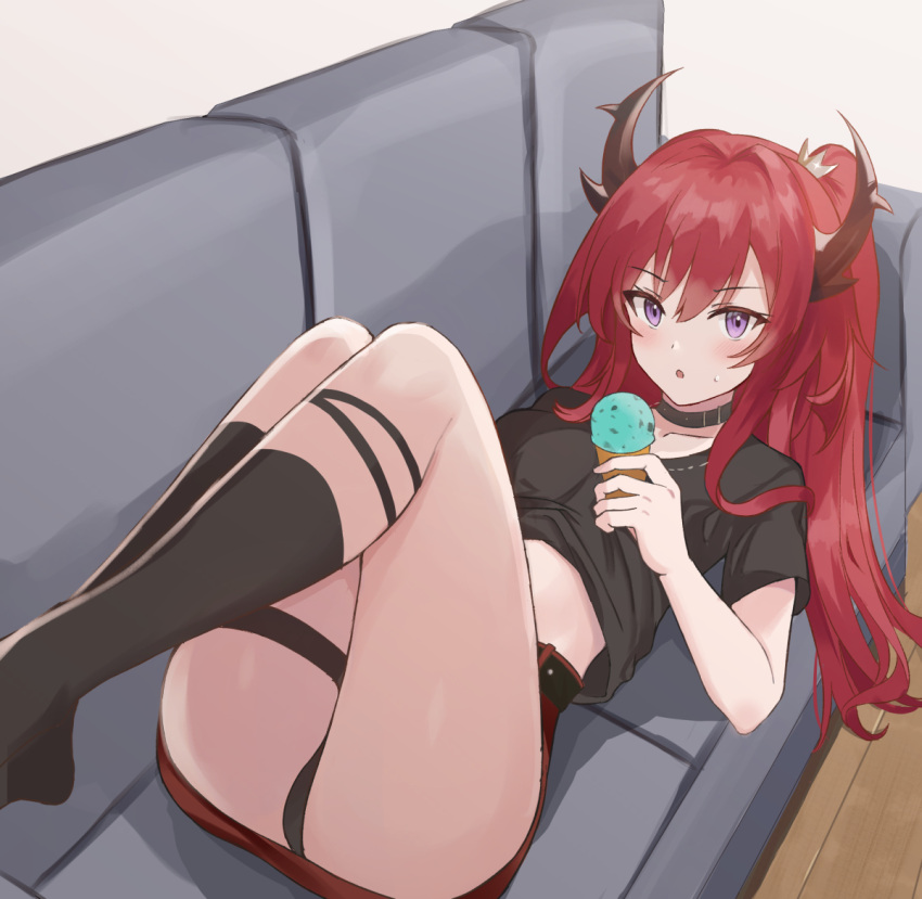 1girl, :o, arknights, bangs, black_legwear, black_panties, black_shirt, blush, collar, couch, eyebrows_visible_through_hair, food, food_on_face, holding, holding_food, horns, ice_cream, ice_cream_cone, kneehighs, long_hair, looking_at_viewer, lying, miniskirt, multico, official_alternate_costume, on_back, on_couch, open_mouth, panties, ponytail, red_skirt, redhead, shirt, short_sleeves, sidelocks, skirt, solo, surtr_(arknights), thigh_strap, underwear, upskirt, violet_eyes, wooden_floor