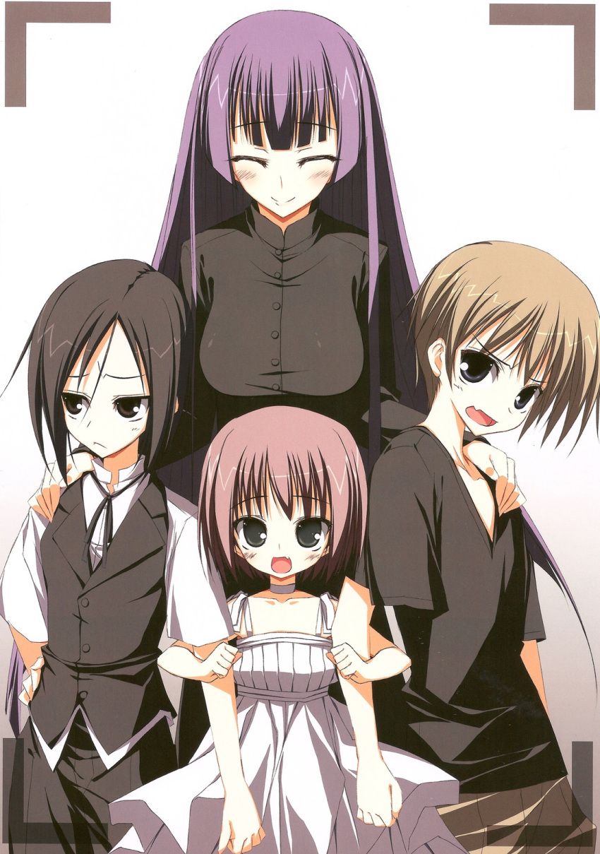 2boys, 2girls, black_hair, blonde_hair, brother_and_sister, brown_hair, child, dress, highres, long_hair, mamiya_hasaki, mamiya_kotomi, mamiya_takuji, mamiya_tomosane, mother_and_daughter, multiple_boys, multiple_girls, purple_hair, short_hair, siblings, smile, spoilers, subarashiki_hibi, younger