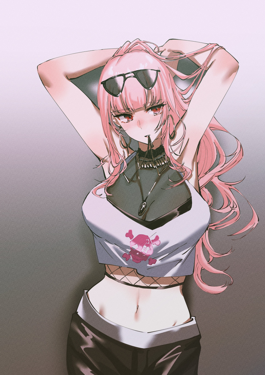 1girl, absurdres, armpits, arms_up, breasts, crop_top, earrings, gold