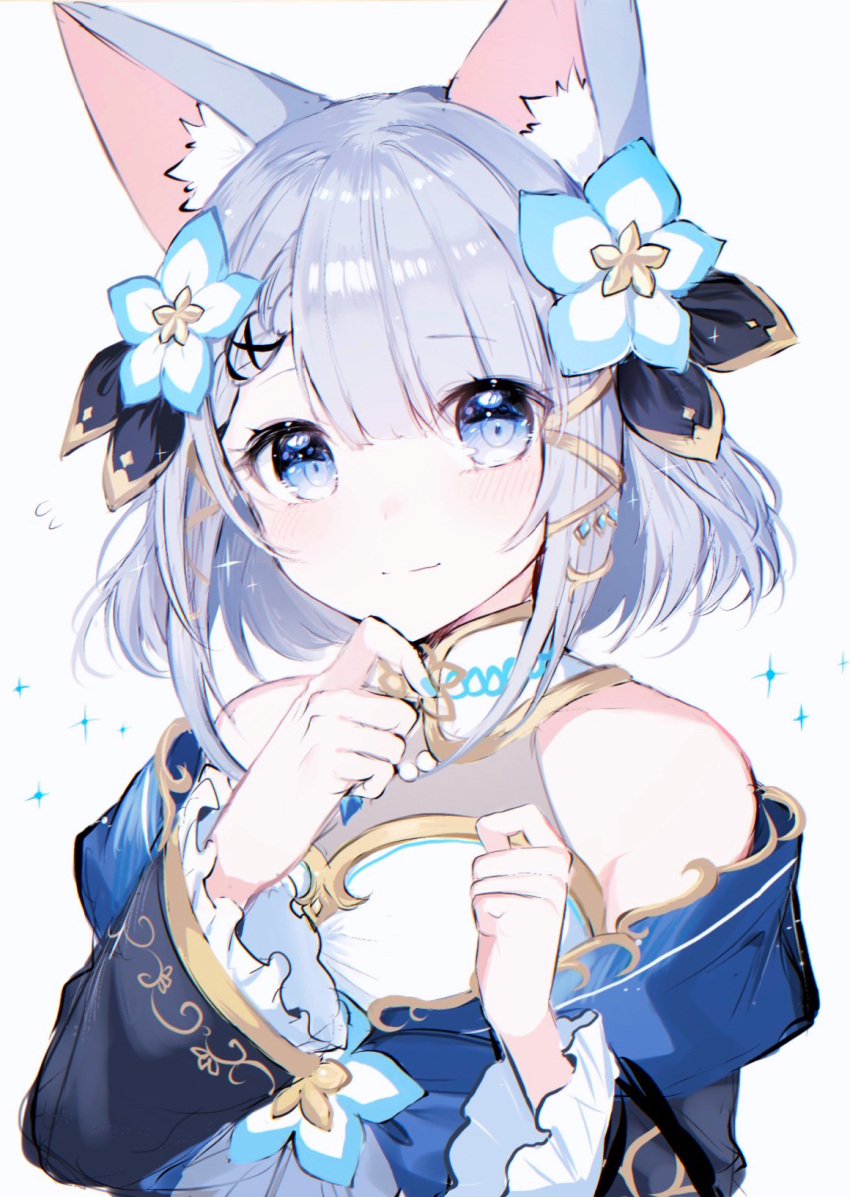 1girl, animal_ear_fluff, animal_ears, bangs, blue_eyes, blue_flower, blue_jacket, blush