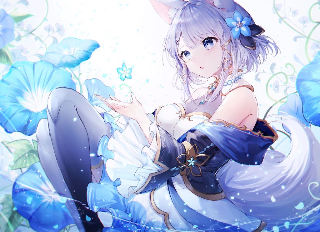 1girl, :o, animal_ear_fluff, animal_ears, bangs, bare_shoulders, blue_eyes, blue_flower