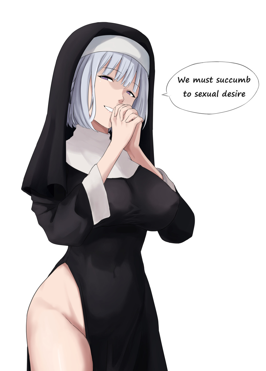 1girl, absurdres, breasts, covered_navel, covered_nipples, cyka, english_text, eyebrows_visible_through_hair, feet_out_of_frame, girls_frontline, hand_on_hand, highres, large_breasts, looking_at_viewer, medium_hair, no_panties, nun, rpk-16_(girls_frontline), silver_hair, smile, smirk, solo, standing, thighs, violet_eyes, white_background