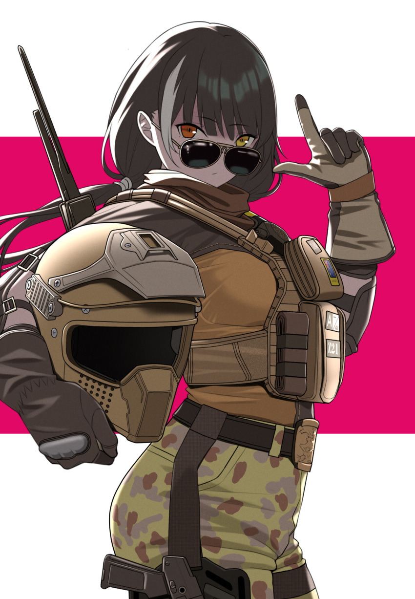1girl, australian_flag, belt, biker, black_hair, bulletproof_vest, camouflage, camouflage_pants, character_name, commentary_request, cosplay, eyebrows_visible_through_hair, girls_frontline, gloves, gun, hand_gesture, headwear_removed, helmet, helmet_removed, heterochromia, highres, index_finger_raised, looking_at_viewer, mozzie_(rainbow_six_siege), multicolored_hair, pants, photoshop_(medium), rainbow_six_siege, red_eyes, ro635_(girls_frontline), solo, sunglasses, tactical_clothes, two-tone_hair, weapon, white_hair, yellow_eyes, yitiao_er-hua
