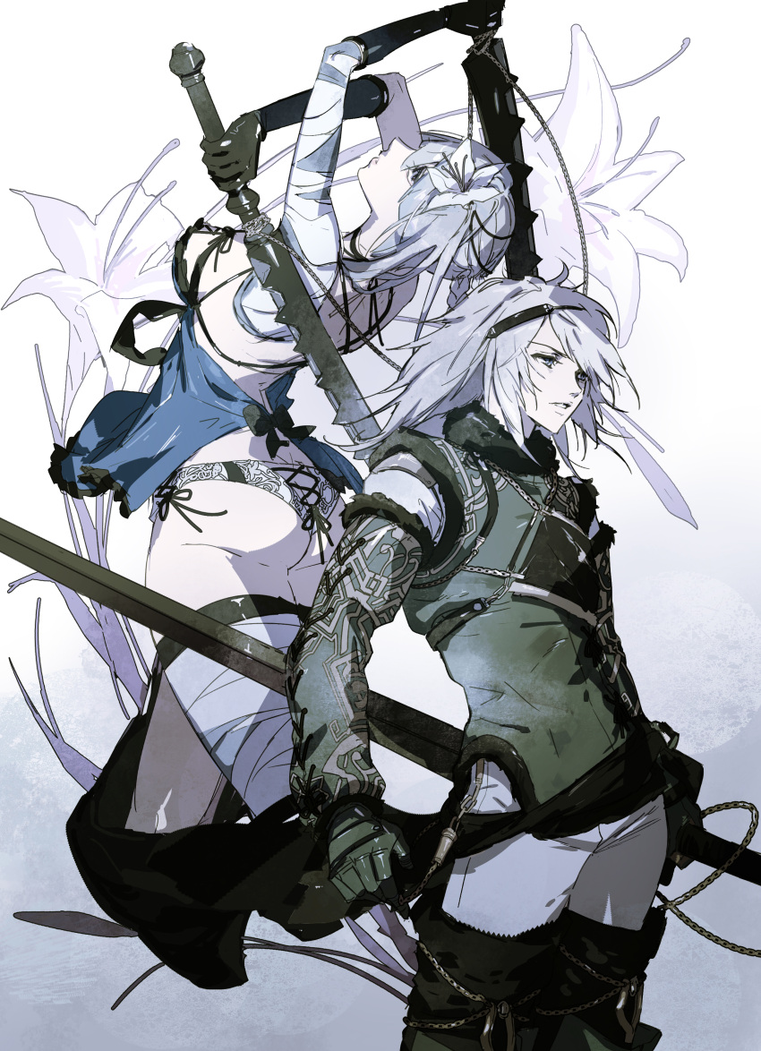 1boy, 1girl, absurdres, asymmetrical_hair, babydoll, bandaged_arm, bandaged_leg, bandages