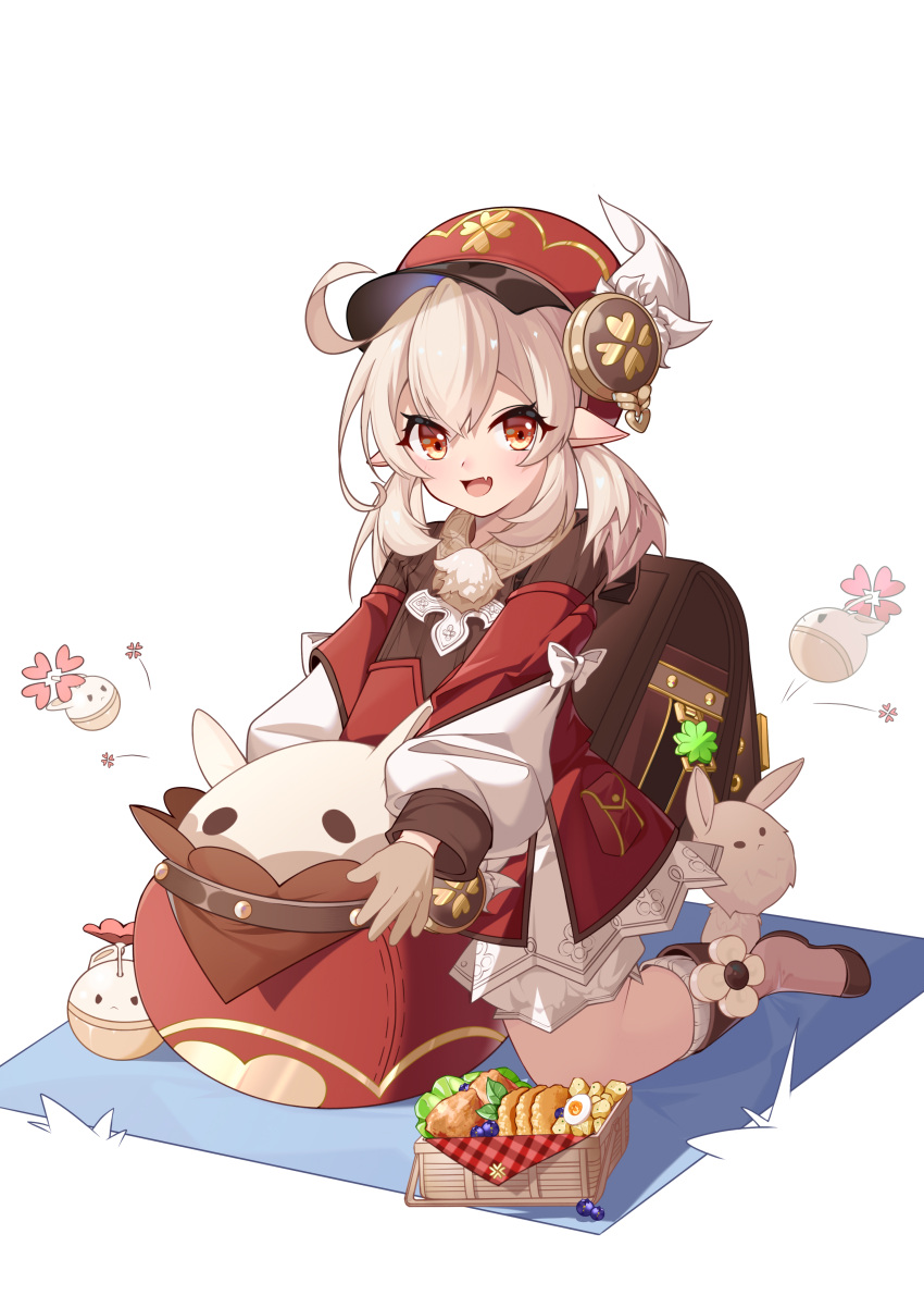 1girl, 7inr1n, :d, absurdres, ahoge, backpack, bag, bangs, bed_sheet, bloomers, boots, brown_footwear, brown_gloves, brown_scarf, cabbie_hat, clover_print, coat, commentary_request, croquette, dodoco_(genshin_impact), egg, eyebrows_visible_through_hair, fang, genshin_impact, gloves, hair_between_eyes, hat, hat_feather, hat_ornament, highres, jumpy_dumpty, klee_(genshin_impact), knee_boots, kneeling, long_hair, long_sleeves, looking_at_viewer, low_twintails, open_mouth, orange_eyes, picnic, picnic_basket, pointy_ears, potato, randoseru, red_coat, scarf, short_sleeves, sidelocks, silver_hair, simple_background, smile, solo, twintails, underwear, white_background