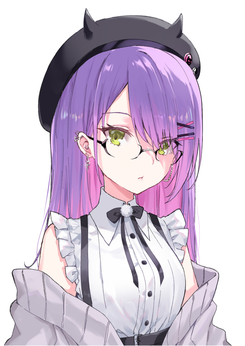 1girl, absurdres, bangs, beret, black-framed_eyewear, black_headwear, commentary, ear_piercing