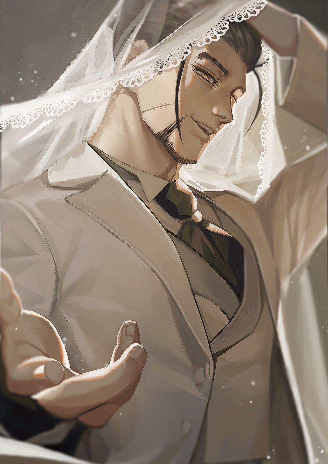 1boy, alternate_costume, beckoning, black_hair, black_neckwear, buttons, cravat, facial_hair