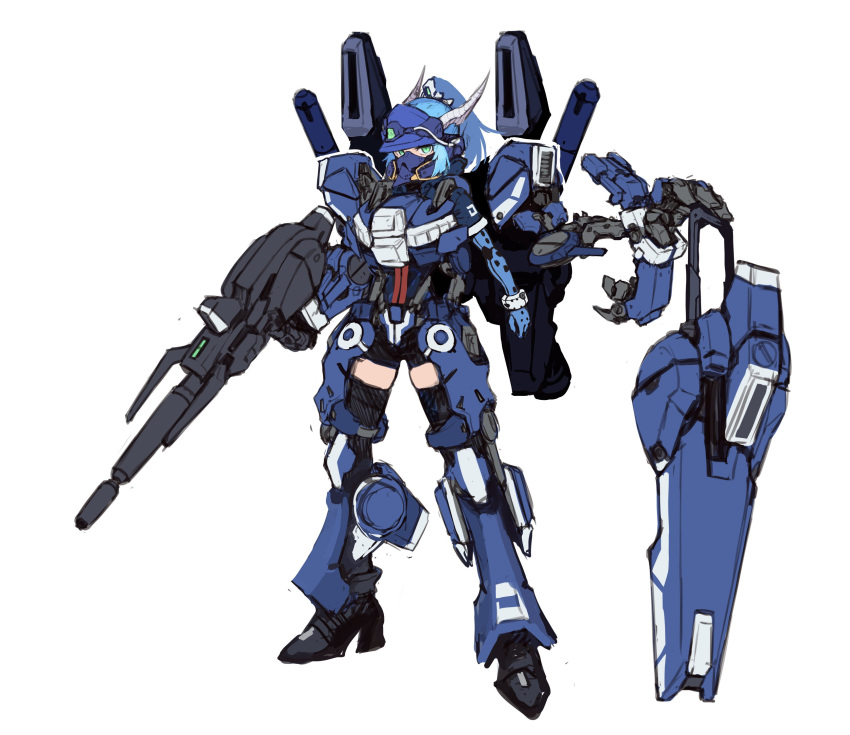 1girl, aqua_eyes, blue_gloves, blue_hair, blue_headwear, extra_arms, gloves, gun