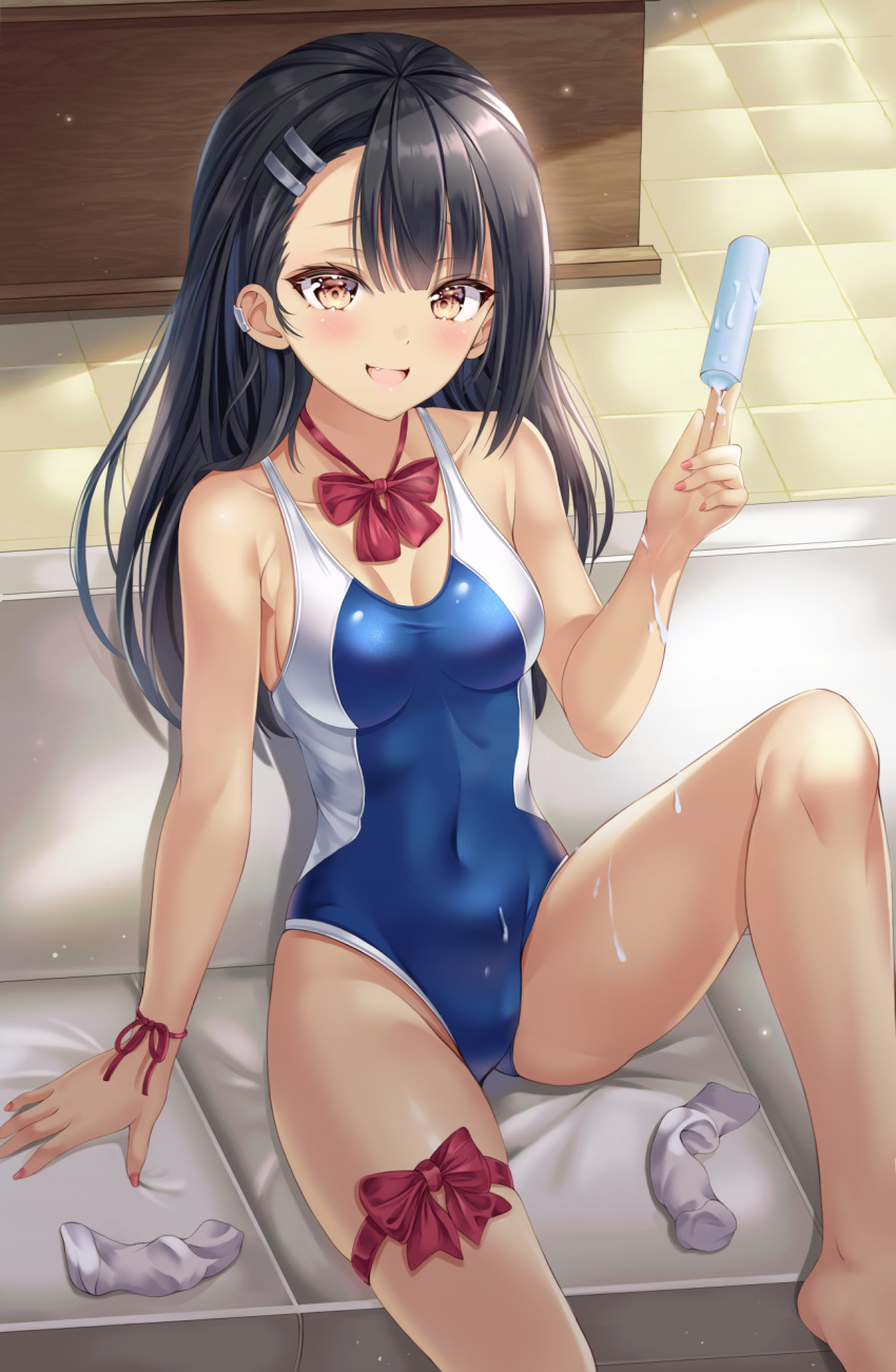 1girl, :d, bangs, bare_shoulders, black_hair, blue_swimsuit, blush, bnari
