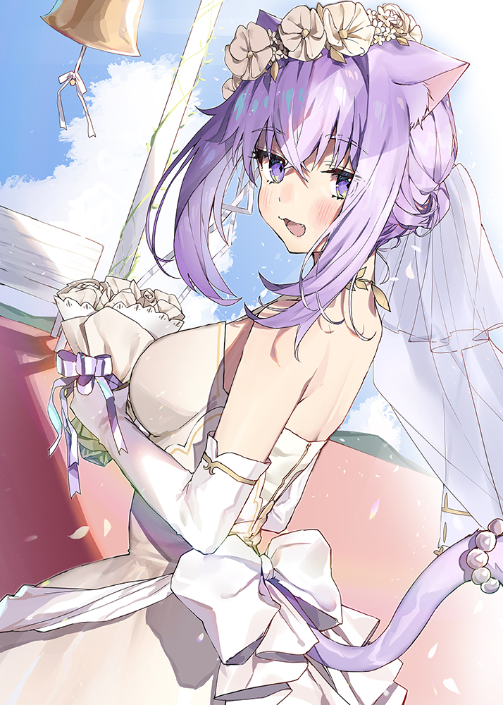 1girl, :d, animal_ear_fluff, animal_ears, bangs, bare_shoulders, bell, blue_sky
