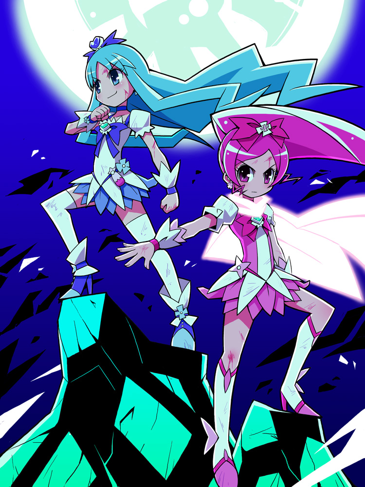 blood, blue_background, blue_eyes, blue_hair, bruise, cure_blossom, cure_marine, full_moon