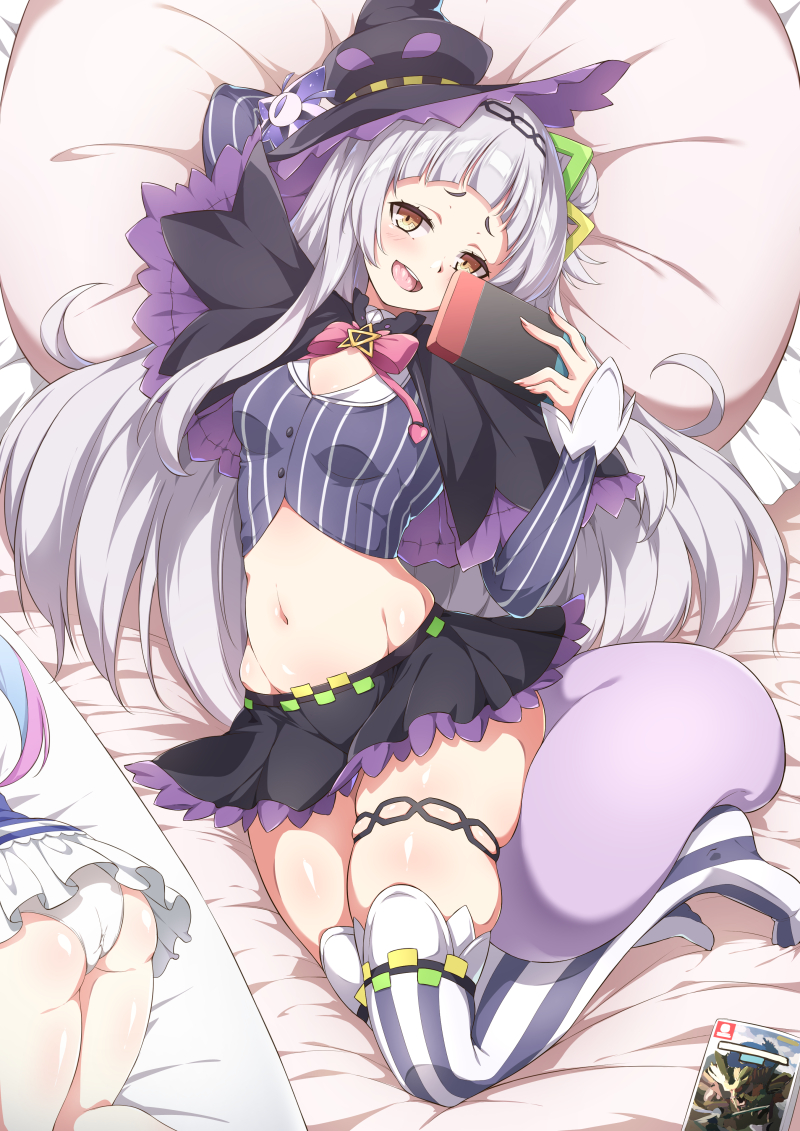 1girl, ass, capelet, controller, crop_top, dakimakura_(object), full_body, game_controller