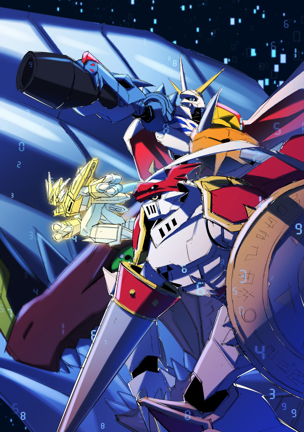 arm_up, armor, bbb_(fabio8552), black_background, blue_skin, cape, claws, colored_skin