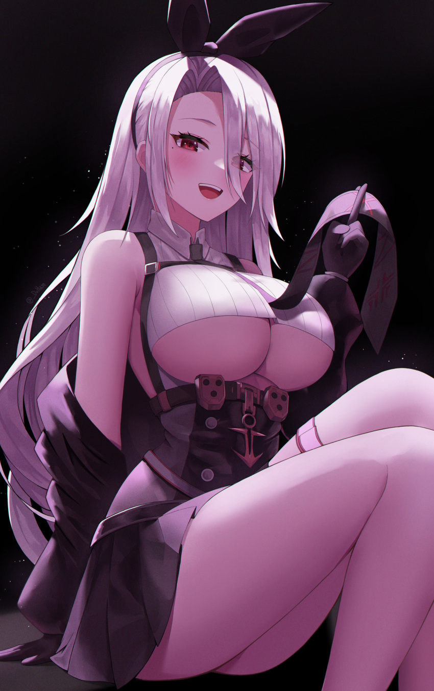 1girl, absurdres, arm_support, azur_lane, bangs, bare_shoulders, black_gloves, black_skirt