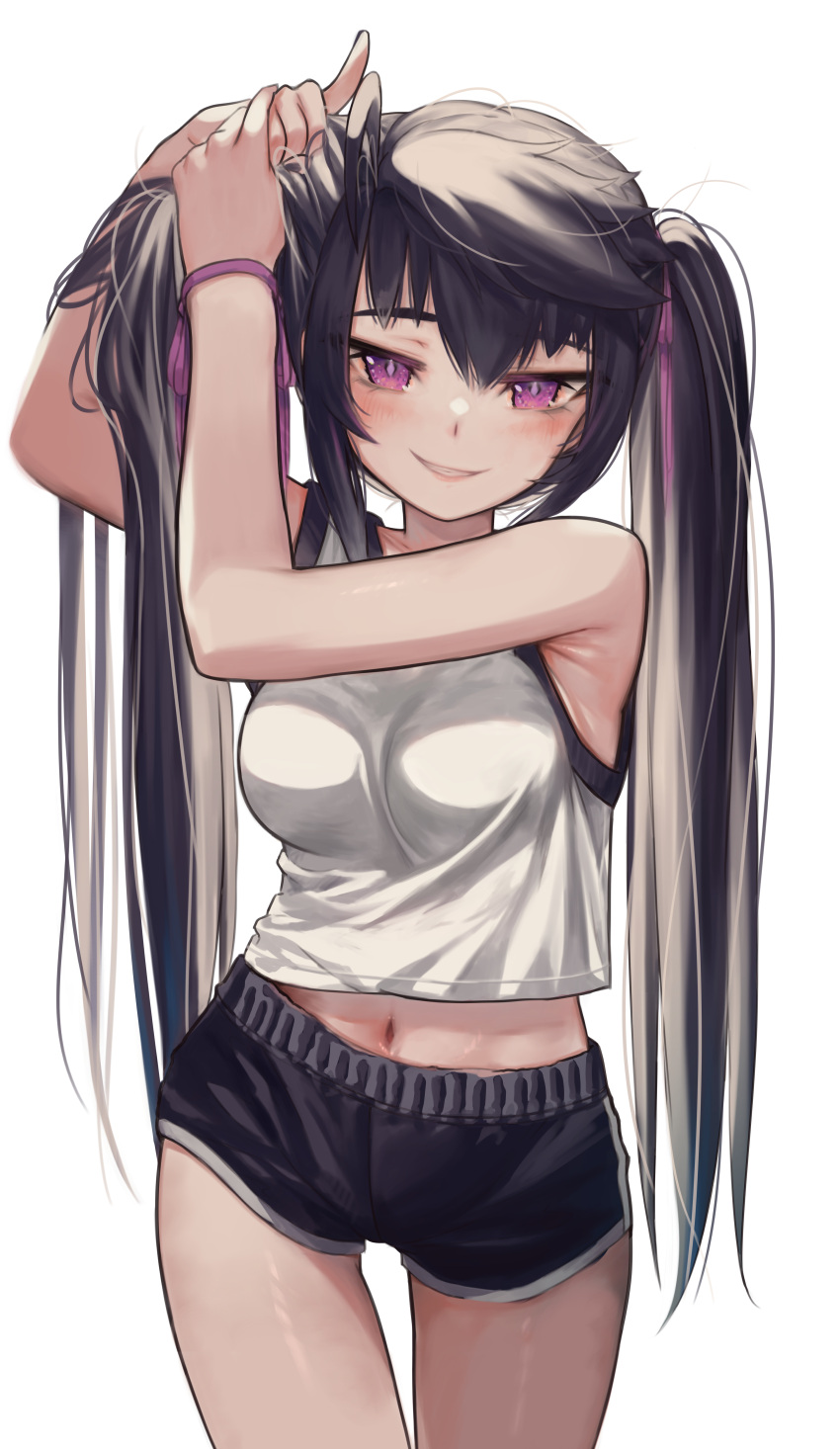 1girl, absurdres, ahoge, armpits, bangs, black_hair, black_shorts, blush