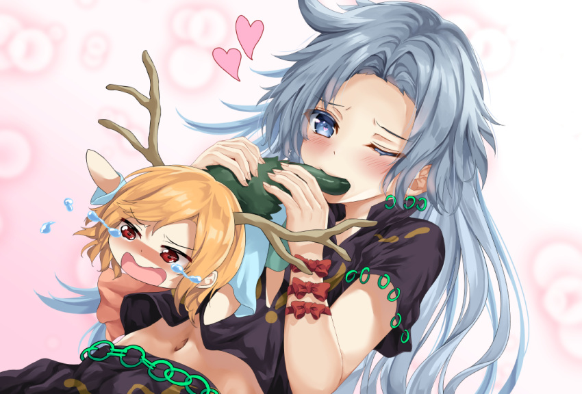 2girls, bangs, black_shirt, black_skirt, blonde_hair, blue_eyes, blue_shirt, blurry
