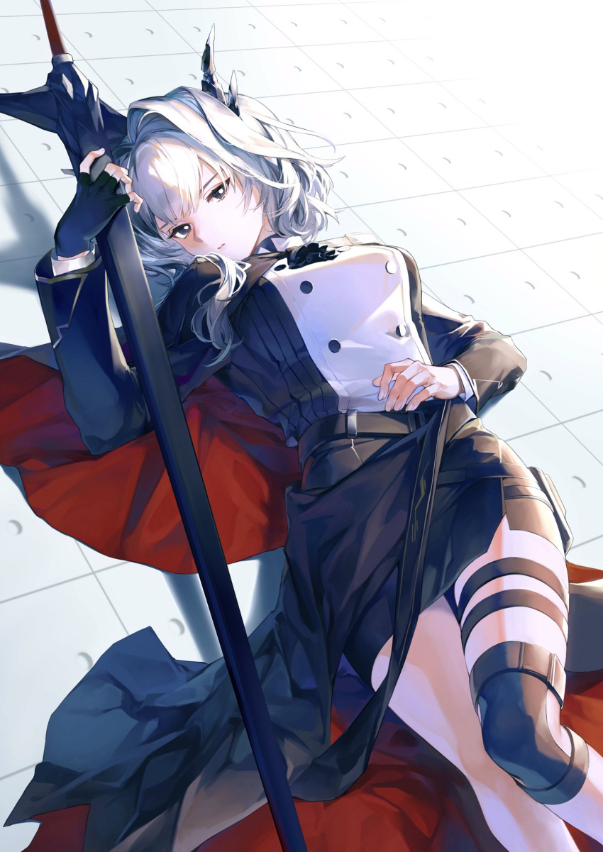 1girl, arknights, ascot, bangs, belt, black_belt, black_cape, black_eyes