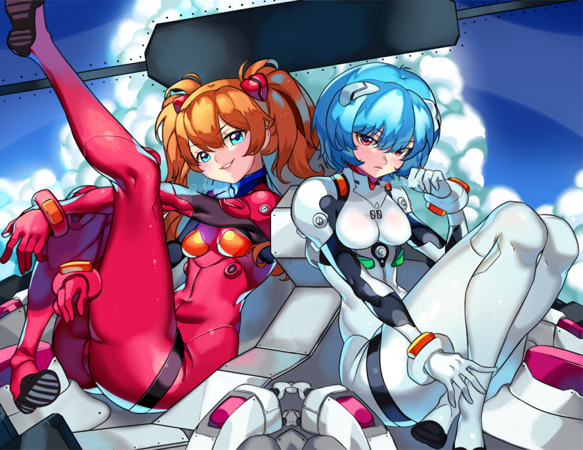 2girls, alternate_costume, ayanami_rei, blue_eyes, blue_hair, breasts, clouds, medium_breasts