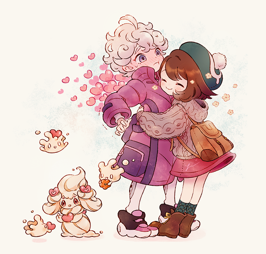 1boy, 1girl, :t, ahoge, alcremie, alcremie_(love_sweet), backpack, bag, bangs, bede_(pokemon), blush, boots, brown_bag, brown_footwear, brown_hair, cable_knit, cardigan, closed_mouth, coat, commentary_request, curly_hair, eyelashes, gen_8_pokemon, gloria_(pokemon), green_headwear, green_legwear, grey_cardigan, hat, heart, hooded_cardigan, hug, leggings, long_sleeves, milcery, pokemon, pokemon_(creature), pokemon_(game), pokemon_swsh, purple_coat, shoes, short_hair, smile, socks, standing, tam_o'_shanter, zzzpani