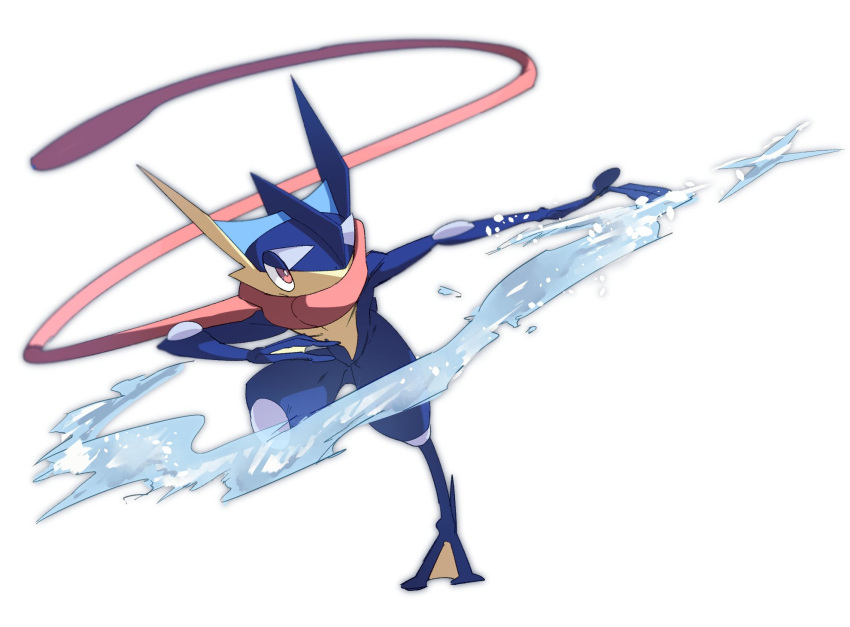 blurry, bright_pupils, full_body, gen_6_pokemon, greninja, highres, morio_(poke_orio), no_humans, outstretched_arm, pokemon, pokemon_(creature), solo, standing, standing_on_one_leg, toes, tongue_scarf, water, water_drop, white_background, white_pupils