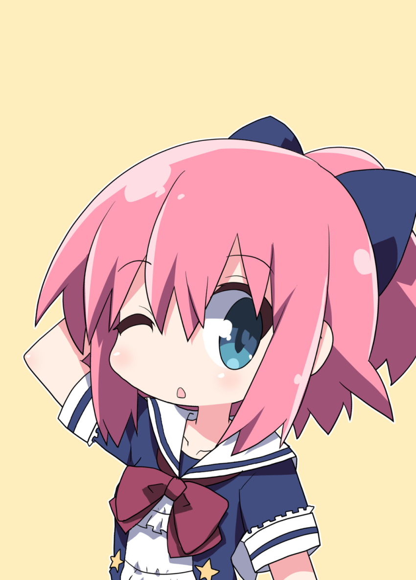 1girl, ;o, arm_behind_head, arm_up, bangs, blue_bow, blue_dress, blue_eyes