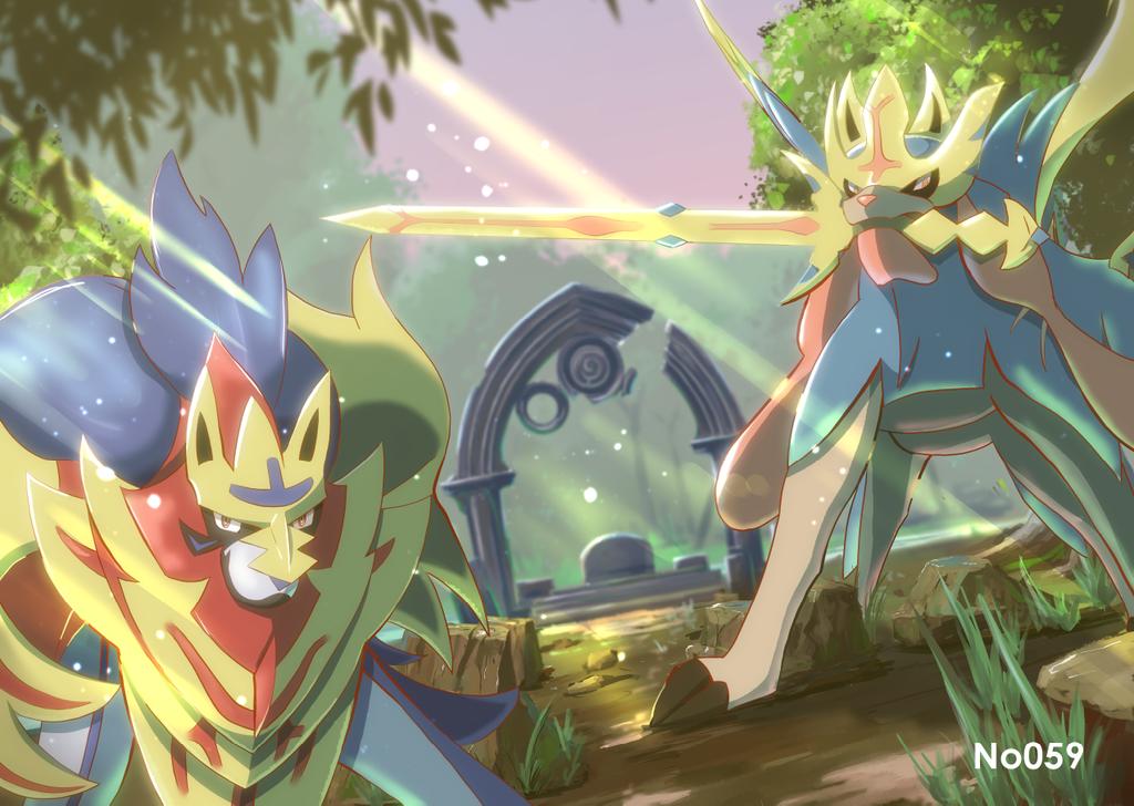 arch, claws, commentary_request, day, gen_8_pokemon, grass, legendary_pokemon, light_rays