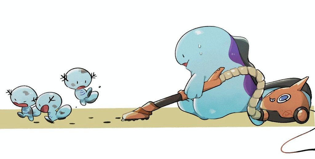 cleaning, closed_eyes, commentary_request, from_side, gen_2_pokemon, gen_4_pokemon, holding, mud