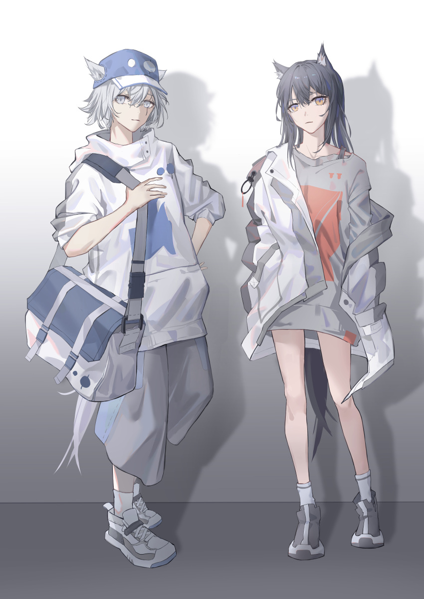 2girls, absurdres, alternate_hair_length, alternate_hairstyle, animal_ear_fluff, animal_ears, arknights, bag