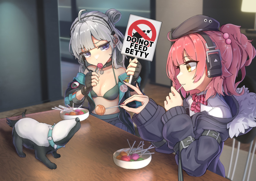 2girls, absurdres, beret, blue_eyes, bowl, breasts, candy, collar
