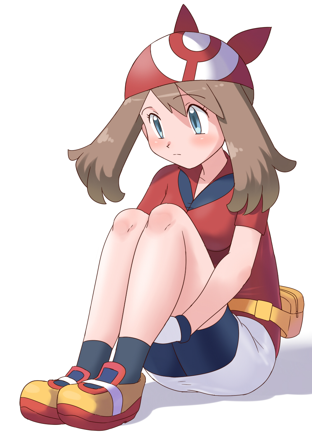 1girl, bangs, bike_shorts, black_legwear, blush, breasts, closed_mouth, collared_shirt