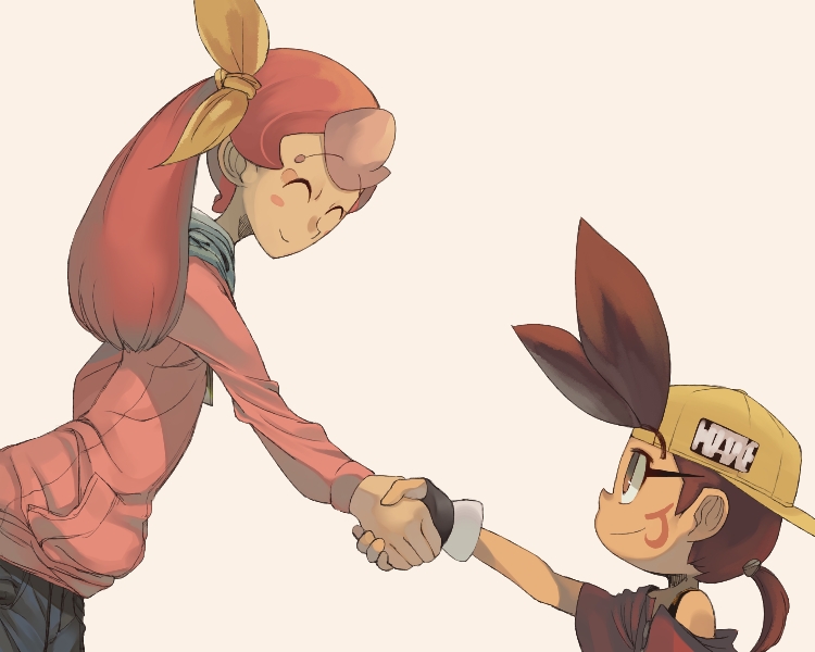 1boy, 1girl, ^_^, ahoge, backwards_hat, baseball_cap, black_gloves, bow