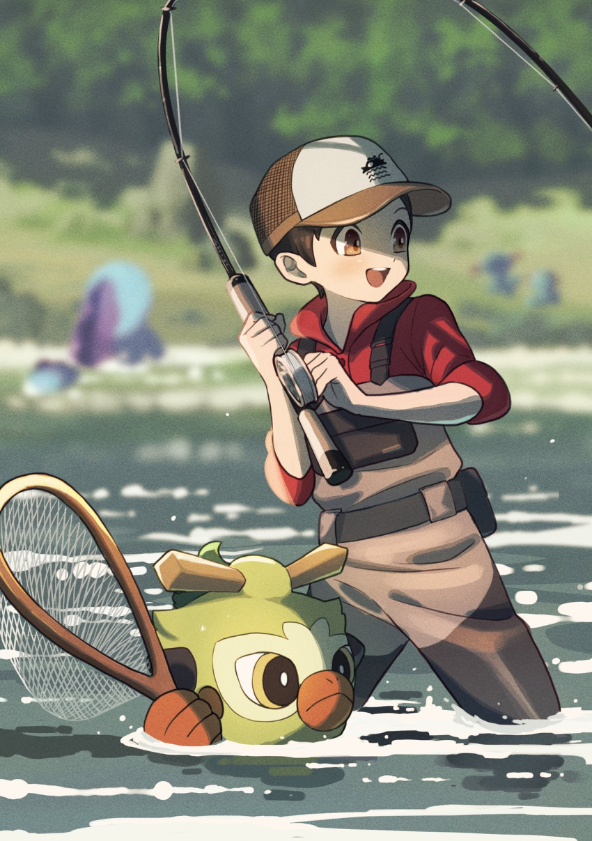 1boy, alternate_costume, amakara000, baseball_cap, blurry, blurry_background, blush, brown_eyes