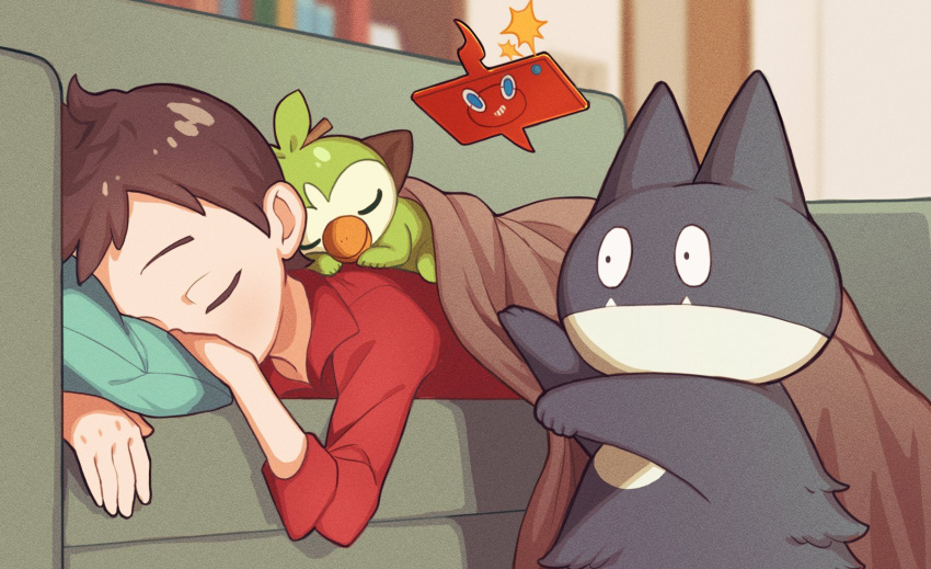 1boy, amakara000, blanket, brown_hair, closed_eyes, couch, creature, cushion, from_below, gen_4_pokemon, gen_8_pokemon, grookey, highres, indoors, lying, male_focus, munchlax, on_stomach, pokemon, pokemon_(creature), pokemon_(game), pokemon_on_back, pokemon_swsh, red_shirt, rotom, rotom_phone, shirt, short_hair, sleeping, sleeves_rolled_up, starter_pokemon, symbol_commentary, victor_(pokemon)