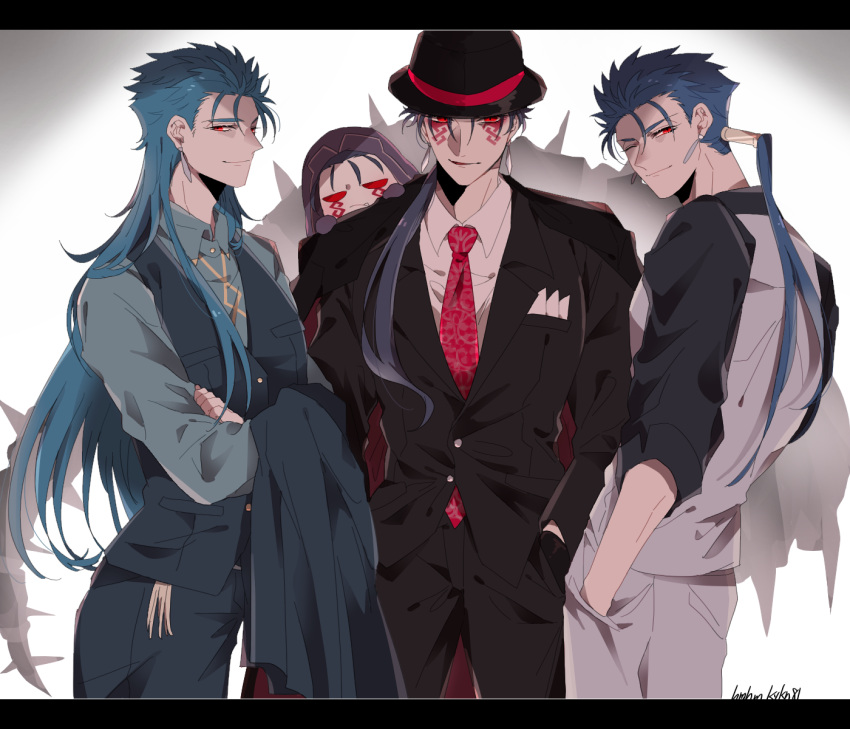 4boys, blue_hair, bodypaint, bowler_hat, cu_chulainn_(caster)_(fate), cu_chulainn_(fate)_(all), cu_chulainn_(fate/stay_night), cu_chulainn_alter_(fate/grand_order)