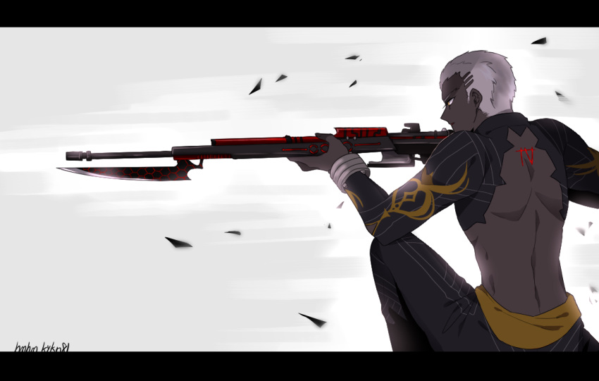 1boy, aiming, bare_back, cornrows, dark_skin, dark_skinned_male, emiya_alter, fate/grand_order