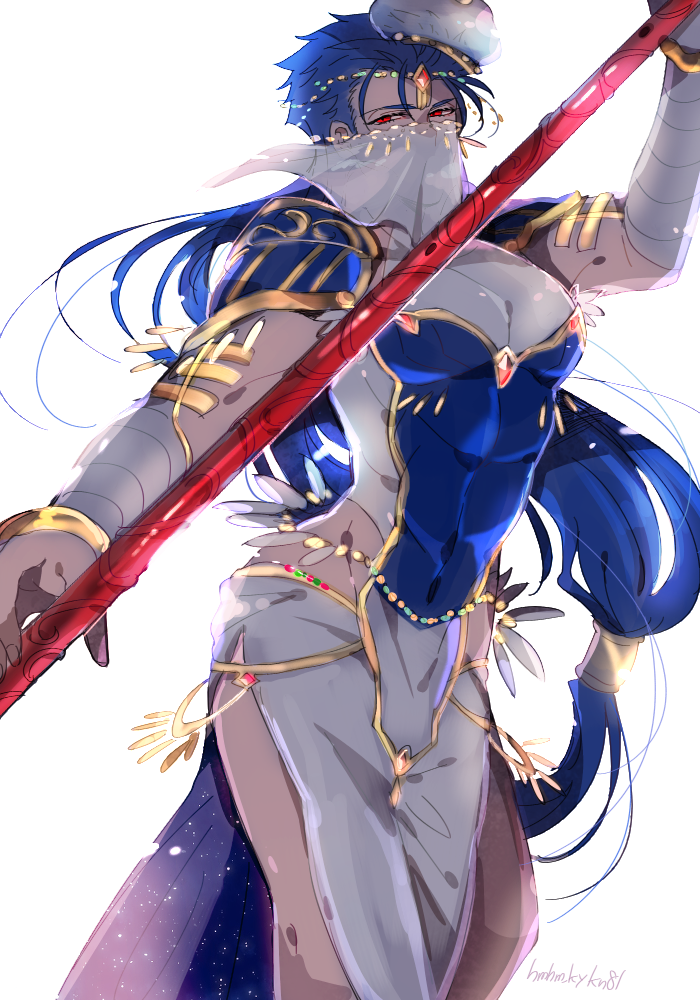 1boy, armor, blue_hair, circlet, cosplay, cu_chulainn_(caster)_(fate), cu_chulainn_(fate)_(all), earrings