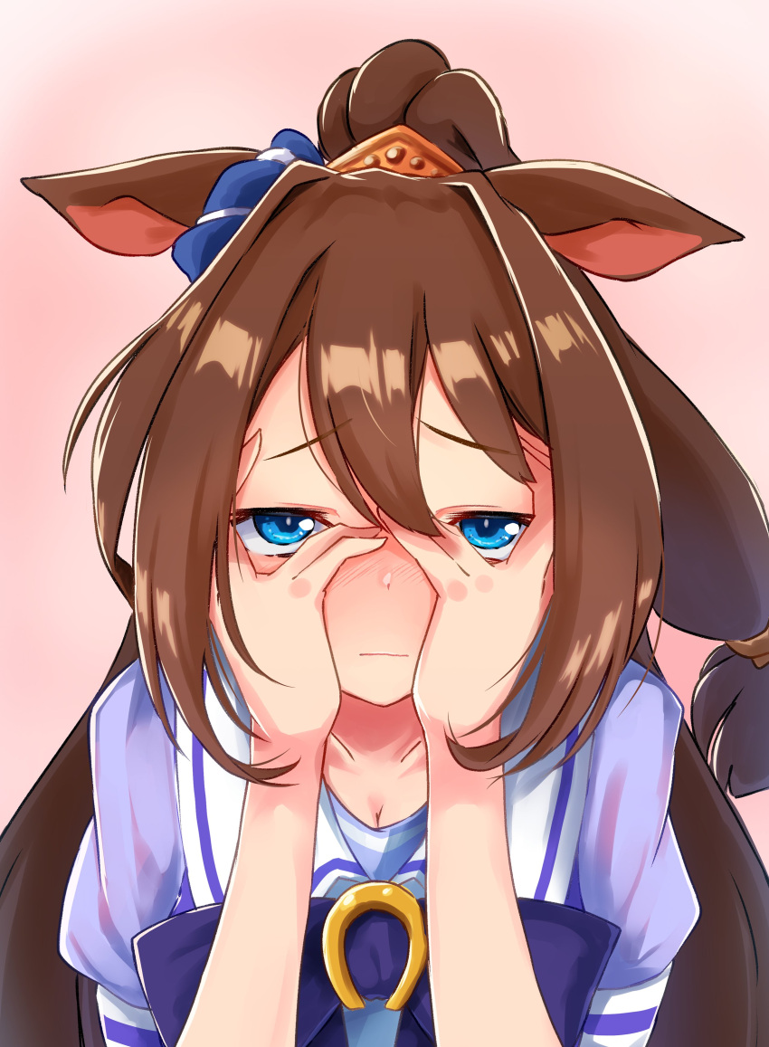 1girl, absurdres, animal_ears, blue_eyes, blush, brown_hair, el_condor_pasa_(umamusume), hands_on_own_face