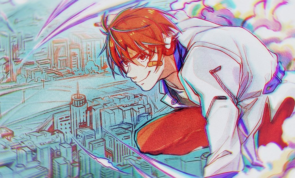 arsloid, bandaid, bandaid_on_face, belt, cityscape, clouds, from_above, headphones