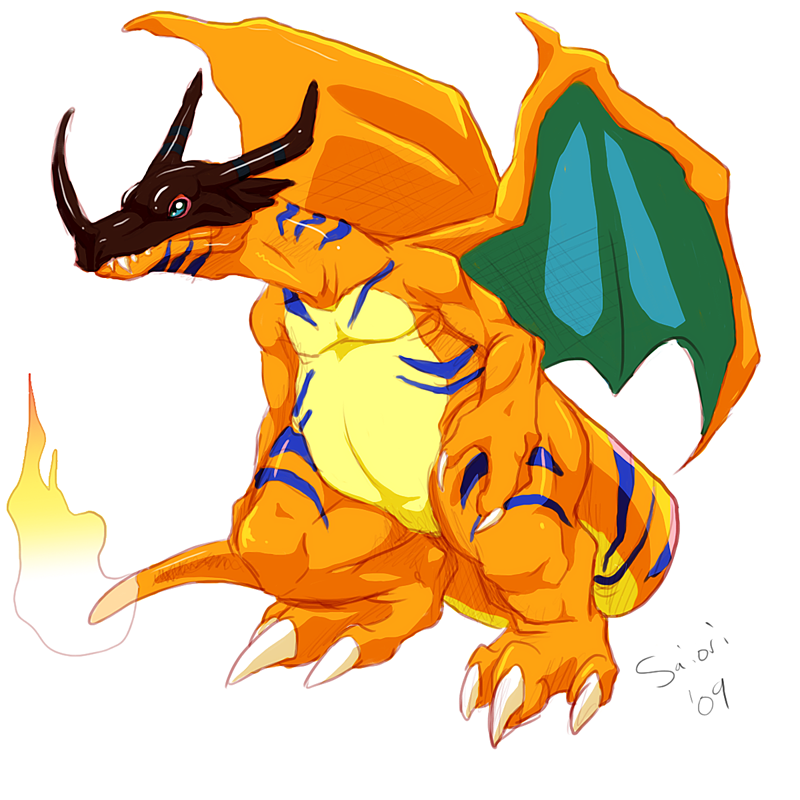 charizard, claws, crossover, digimon, fangs, fire, fusion, greymon