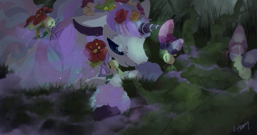 closed_mouth, comfey, e_r00m, floette, galarian_form, galarian_ponyta, gen_6_pokemon, gen_7_pokemon, gen_8_pokemon, grass, highres, lying, morelull, moss, no_humans, on_head, on_stomach, outdoors, pokemon, pokemon_(creature), pokemon_on_head, signature, smile